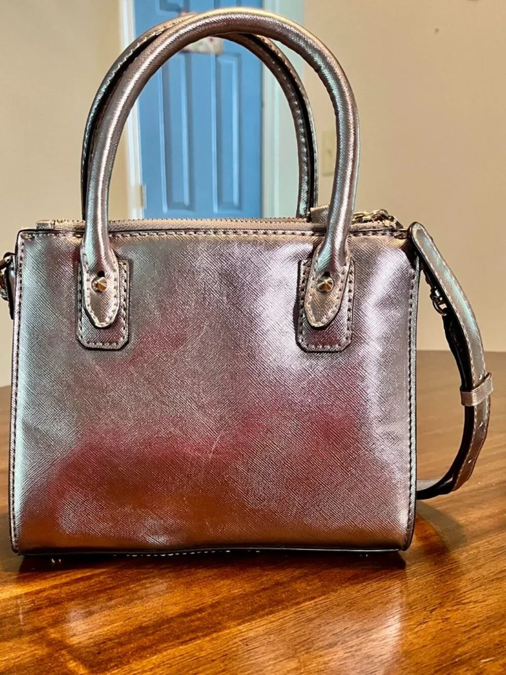 Metallic Guess Liya Petite Girlfriend Satchel w/ Glittery Floral Embellishments
